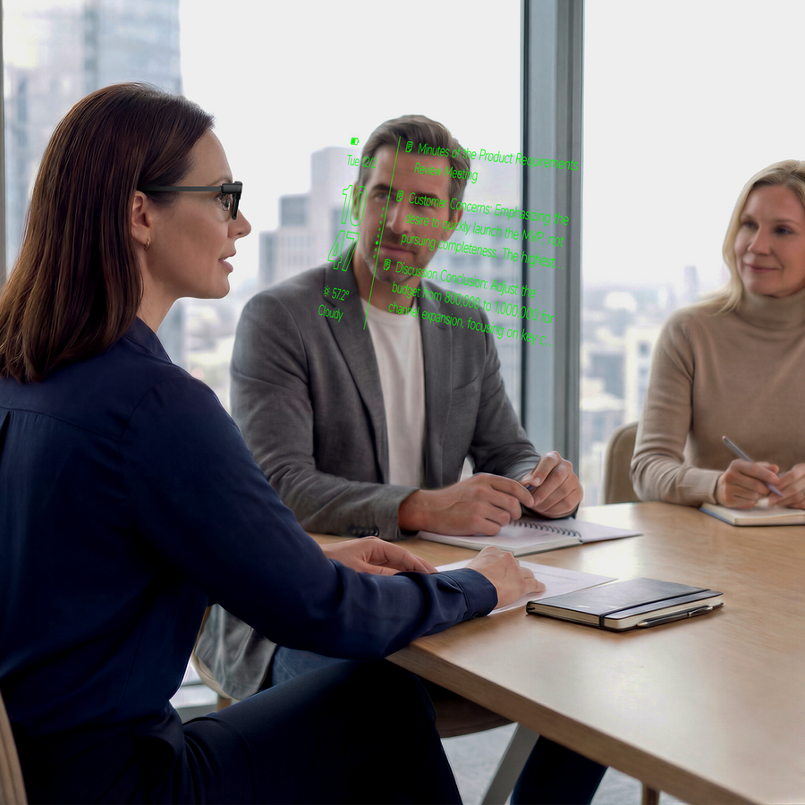 Professionals collaborating in a meeting with AI glasses note-taking.