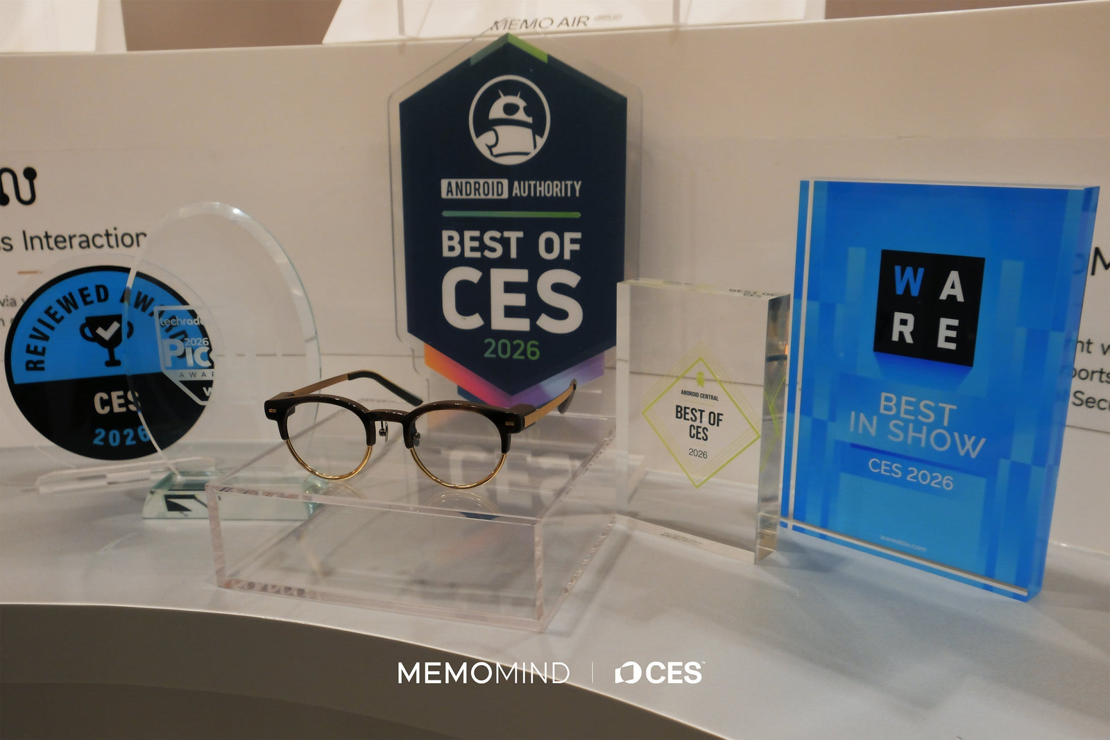 MemoMind first pair of AI glasses at the CES 2026 venue.