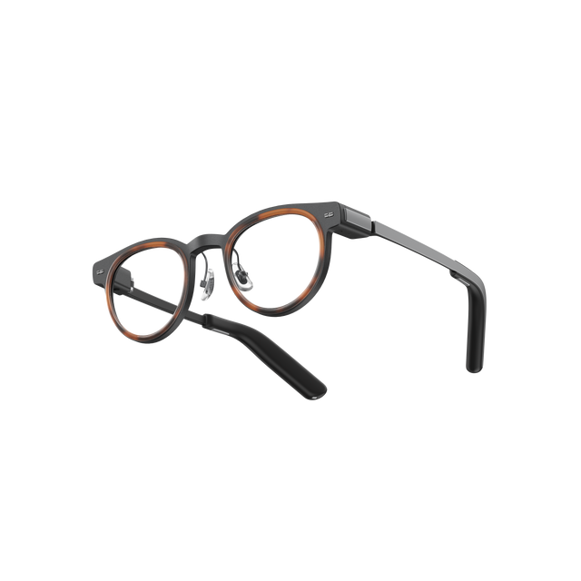 MemoMind One Custom Edition smart glasses with Amber accented frames.