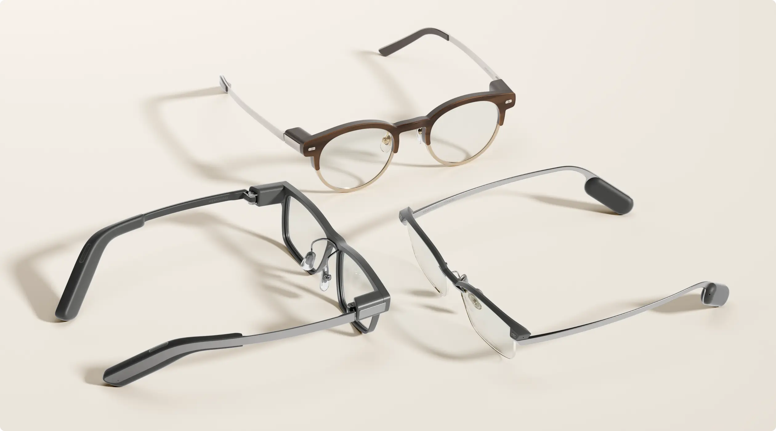 Memomind AI Smart Glasses product showcase featuring three designs