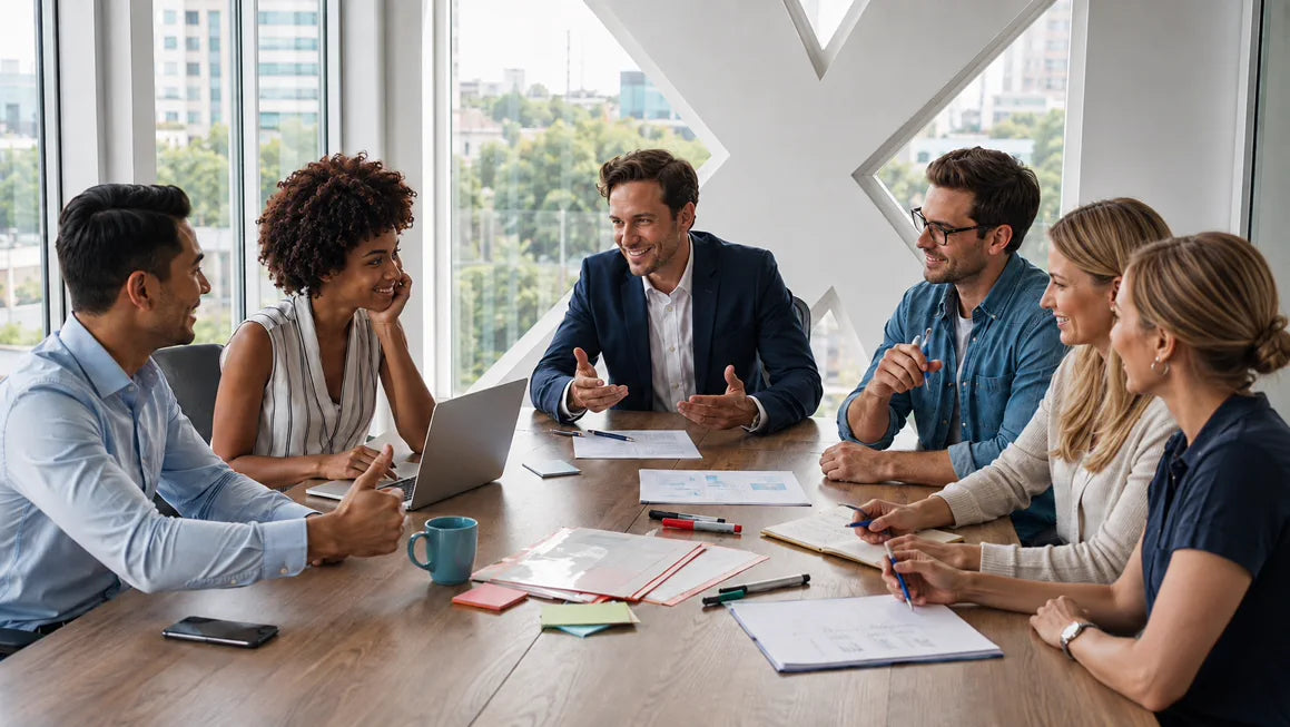 A team discussing work around a table