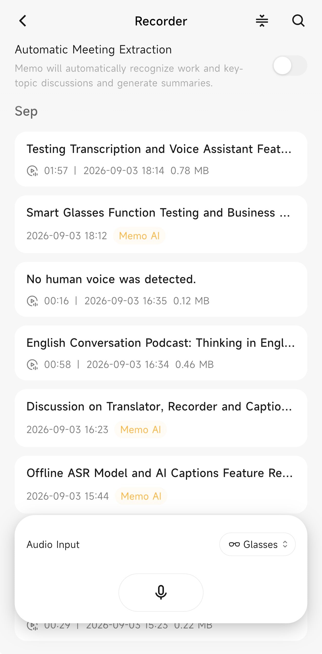 Recorder recording list and audio input interface